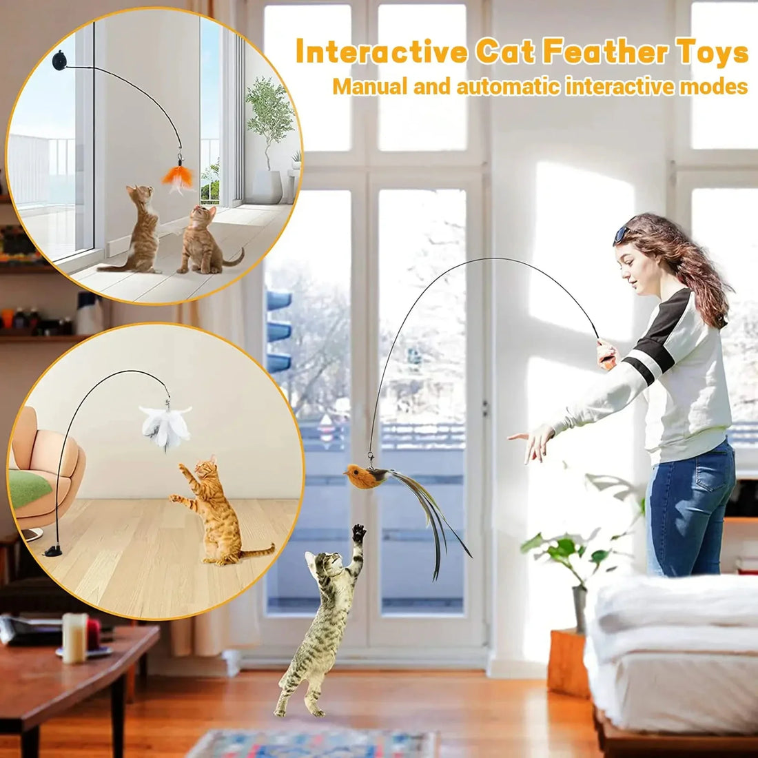 Cat Teaser Wand – Long Rod with Feather and Epoxy Sucker, Safe for Cats